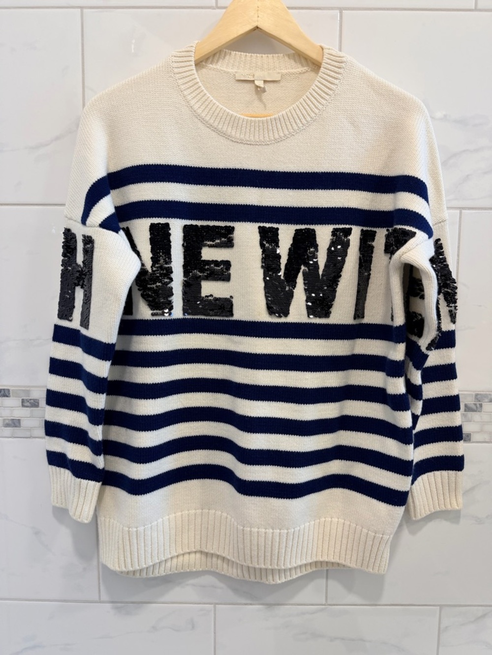 Maje Wool Blend Blue and White 'Shine with me' Women's Sweater - Picture 2 of 7